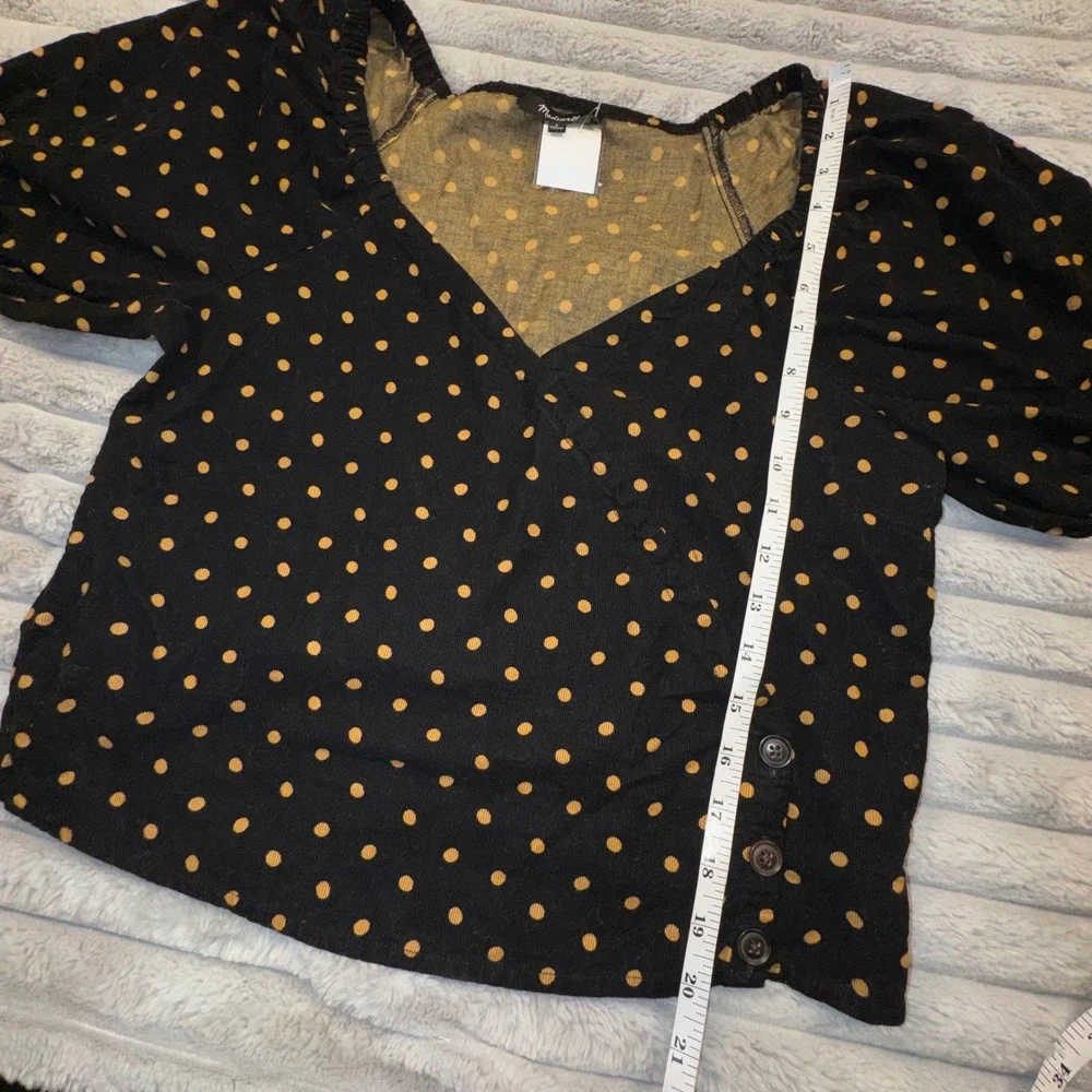 Madewell Womens Small Polka Dot Corduroy Faux Wrap Top Black Puff Sleeve Cottage